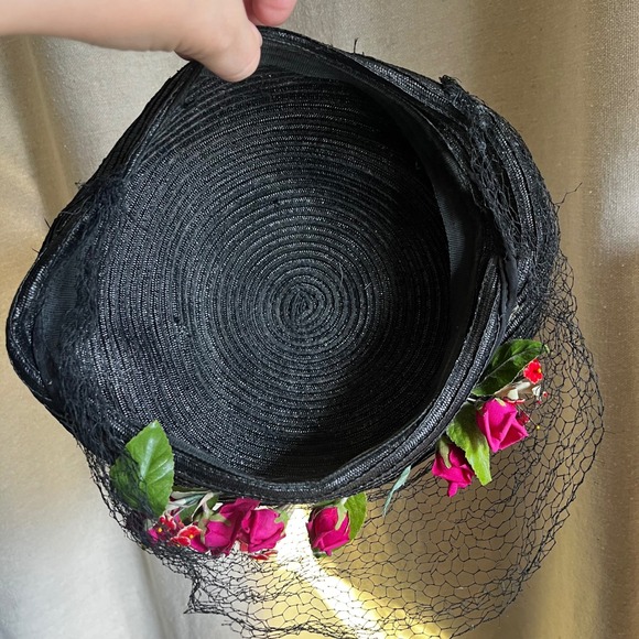 Vintage Black Floral Veil Cocktail Hat‎ Fascinator S/M 1950s 60s main image 7